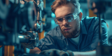 An experienced technician focuses on fine-tuning industrial machinery, showcasing meticulous attention to detail and precision in a high-tech, modern engineering workspace.