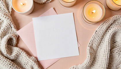 Cozy blank invitation with candles and knitted blanket party, invitation, bachelorette party invitation, wedding, anniversary, background, copy space