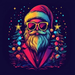 Fototapeta premium Santa's Dazzling Flair: A vibrant illustration of Santa Claus, exuding a cool and stylish persona, adorned with sunglasses, set against a lively backdrop.