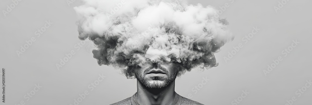 Poster person stands with their head enveloped in a dense cloud, symbolizing overwhelming thoughts, stress,