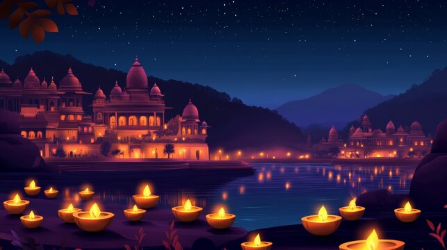 Festive illustration of diyas lighting up a hindu temple by the river during diwali celebration
