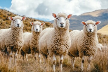 Fototapeta premium Flock of fluffy sheep grazing peacefully in a lush mountain landscape under partly cloudy skies. Generative AI