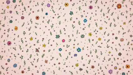 Pastel Pink Floral Pattern Background Hand-Drawn Doodle Flowers and Leaves Seamless Texture