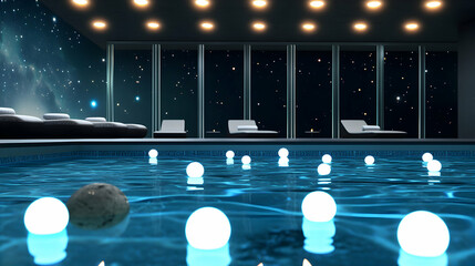 Nighttime Poolside Relaxation, Celestial Views Enhance Tranquil Swimming Experience with Glowing Lights.