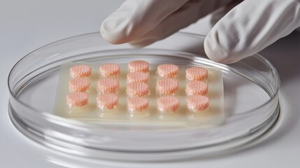 A gloved hand inspects petri dishes containing pink heart-shaped samples, showcasing a scientific or medical experiment.