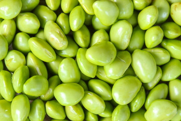 Pile of fresh edamame soybeans seeds. Foos ingredients. Top view