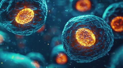 A close-up view of vibrant, glowing cells, showcasing intricate structures and bright orange nuclei against a dark, blurred background.