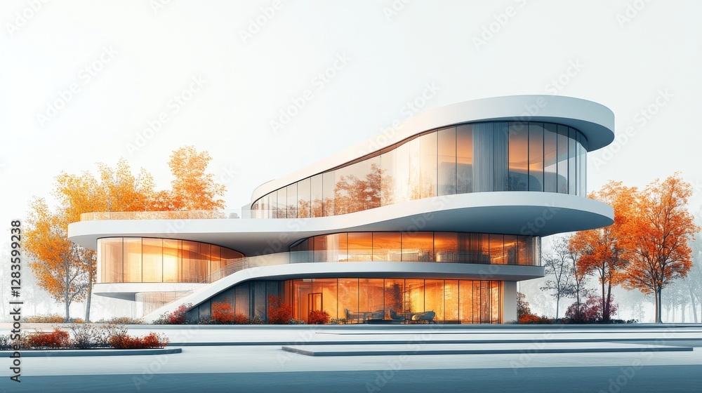 Poster modern architecture design of abstract curved building with glass