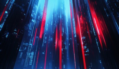 Futuristic server room with glowing red and blue lights