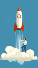 Businessman Reaches for Rocket Launching to Success, Aiming High Above the Clouds with Determination and Ambition.