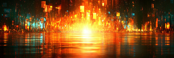 Digital Cityscape Reflects in Glowing Water,  A futuristic metropolis shimmers with vibrant, fiery hues at sunset, casting a dazzling reflection.