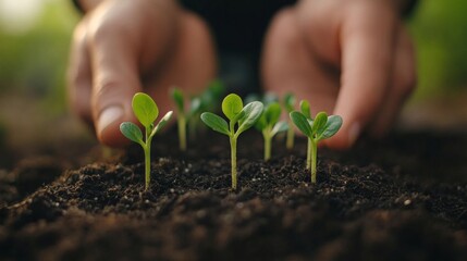 Hands carefully tend to young seedlings, ensuring each plant receives the love and attention needed to thrive. Soil is fresh and dark, symbolizing new beginnings in the garden