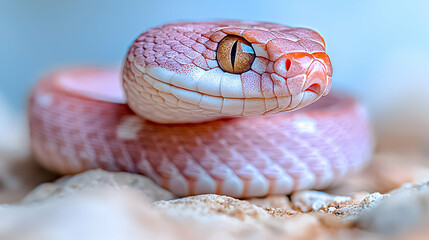 Pink snake portrait, desert background, wildlife closeup
