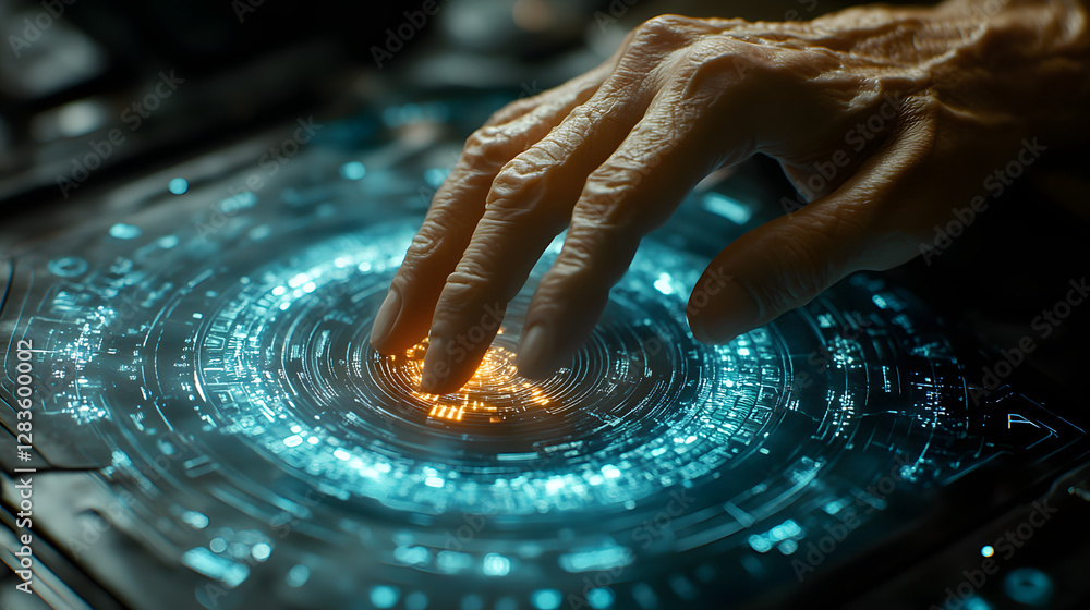Poster cybernetic interface: a close-up shot reveals a hand interacting with a futuristic interface display