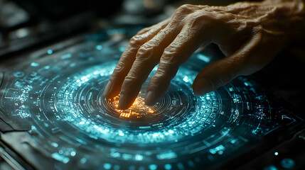 Cybernetic Interface: A close-up shot reveals a hand interacting with a futuristic interface displaying glowing digital patterns.