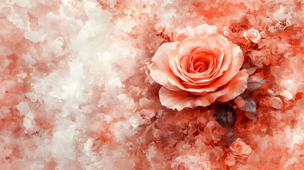Watercolor Rose, A Romantic Floral Painting, Showing Delicate Petals and Hues in Vibrant Coral Shades.