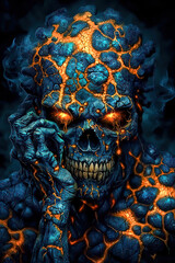Fototapeta premium Monstrous demon emerges, a horror creature in dark fantasy. Apocalyptic Ghoul King with Blackened Skeletal Body and Glowing Eyes