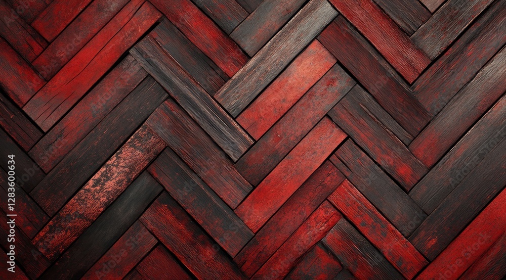 Poster red and black herringbone pattern creating textured wooden background