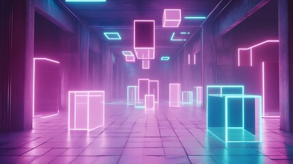 Neon Lit Corridor With Floating Cubes And Glowing Lines