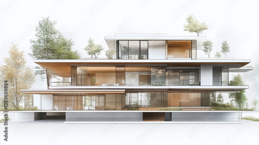 Poster modern architectural design of a sleek multi-level building