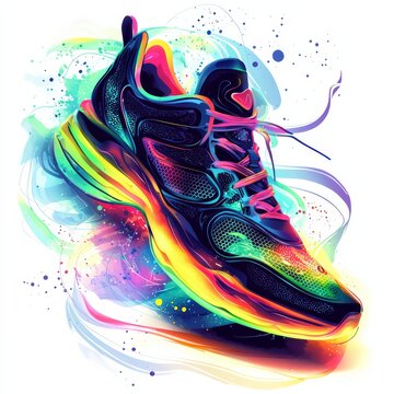 Colorful Running Shoe Illustration: A vibrant and stylish running shoe is depicted with a dynamic illustration of rainbow hues, creating an explosion of energy and movement.