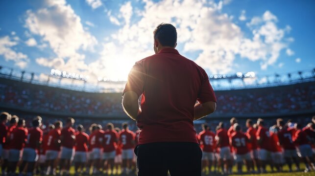 College stadium with the coach giving a pep talk to the team. Featuring motivation and leadership