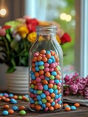 Colorful candy bottles and flowers on a wooden tabletop