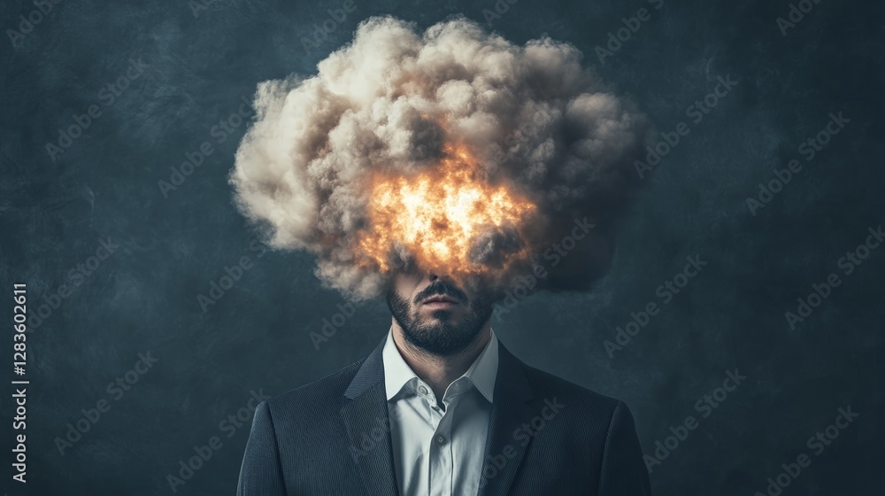 Poster businessman experiencing information overload and stress, symbolized by an exploding cloud covering 