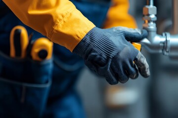 Skilled worker repairs plumbing fixture in workshop with safety gloves and tools on a belt