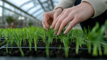A shot of a farmer's hands, close-up, as he cares for plant seedlings.