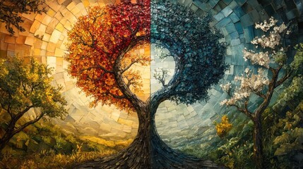 tree with spring and autumn leaves, as a symbol of the spring and autumn equinox, mirror symmetry