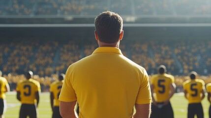 College stadium with the coach motivating the team during halftime. Featuring leadership and focus