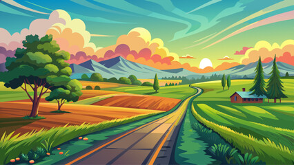 Obraz premium Beautiful summer rural landscape, Panorama of summer green field with Empty road and Sunset cloudy sky