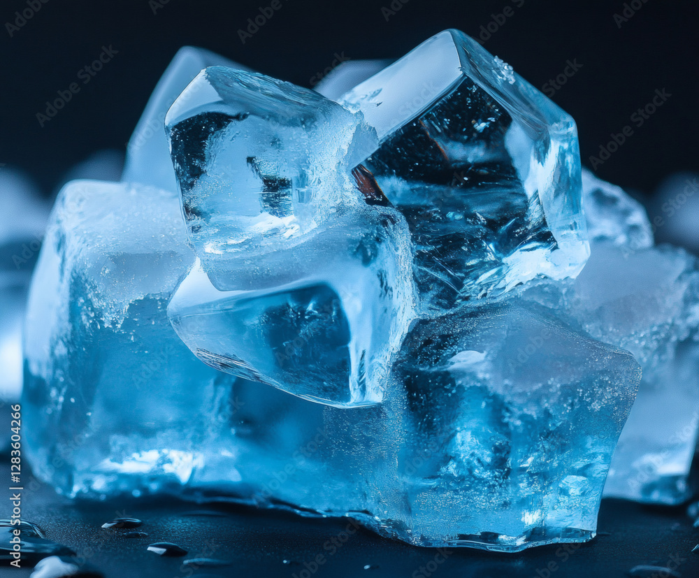 Poster ice cubes texture and transparency showcase dark background macro photography cool concept