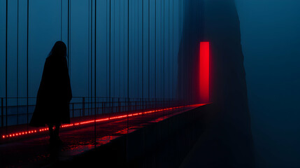 Silhouette Walks Bridge Towards Glowing Portal, Mysterious Night Journey, Red Lights Illuminate Path, Foggy Atmosphere, Cyberpunk Aesthetic.