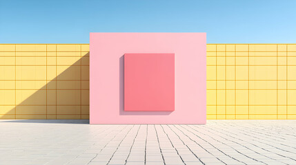 Pastel Wall Minimalist Scene, Pink and Yellow Geometric Shapes Display Blank Space Brightly Outdoors