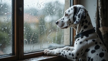 A sad Dalmatian stands near the window and looking out the window while it rains