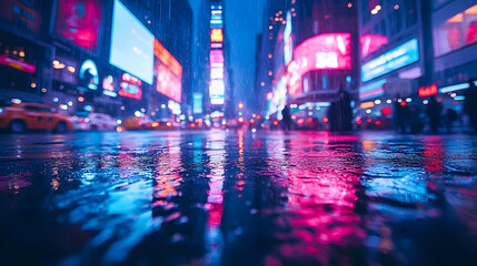 Obraz premium City Nights: Neon lights illuminate a rainy street, creating a mesmerizing reflection on the wet pavement, with a blurred backdrop of skyscrapers and vehicles.
