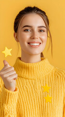 Smiling Woman in Yellow Sweater Holds Stars, Positive Vibes, Joyful Expression, Cheerful Mood, Bright Yellow Background, Happiness, Contentment, Optimism, and Radiance.