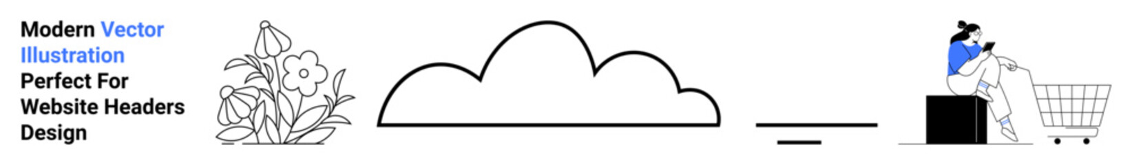 Linear flower and cloud, shopper placing item into cart. Ideal for e-commerce, environment, minimalism, nature, digital marketing, eco-shopping, innovation-focused flat landing page banner
