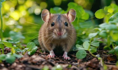 Cute mouse in garden, nature background, wildlife photo, pet