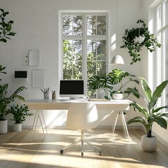 Sunny Home Office with Green Plants and White Furniture