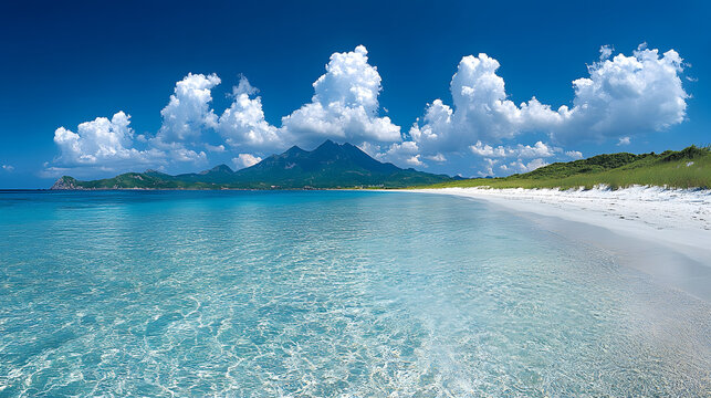 Seaside Serenity: Captivating coastal panorama of a pristine beach with crystal-clear turquoise waters merging seamlessly with a cloud-dotted azure sky, inviting a sense of tranquility and escape.