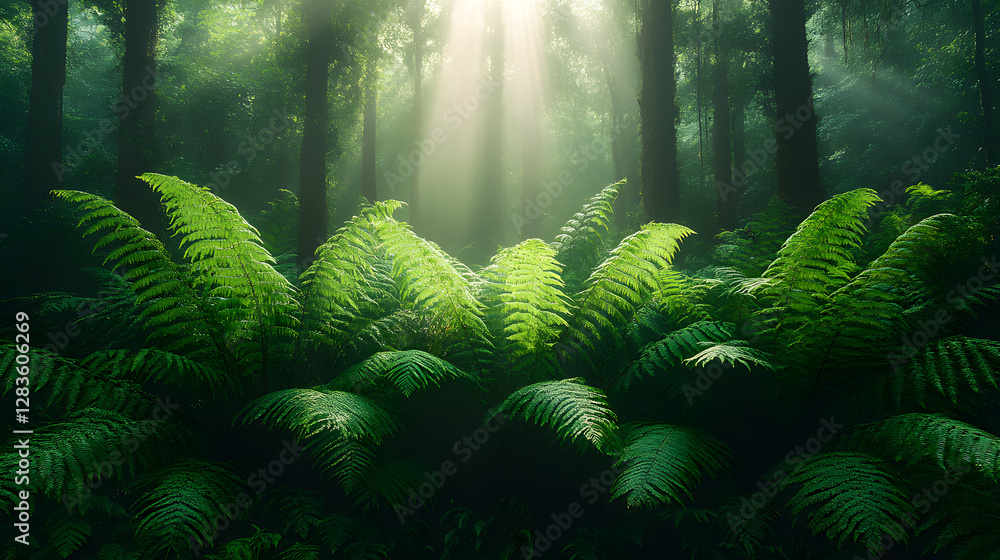 Poster enchanted forest: sunlight streams through the lush canopy, illuminating vibrant ferns in a mystical