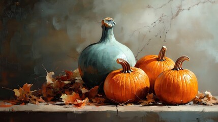 Decorative still life: pumpkins and gourds with autumn leaves
