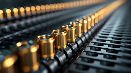 Obraz premium A close-up view of metallic components arranged in a row, showcasing their shiny golden surfaces against a blurred background.