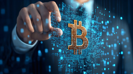 Digital Currency,  A Hand Interacts with Bitcoin Symbol on a Data Stream, Representing Blockchain Technology and Cryptocurrency Investment Opportunities.