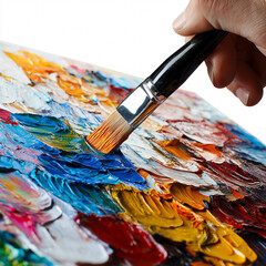 Fototapeta premium Captivating close-up of an artist painting with colorful textures and expressive strokes in studio light.