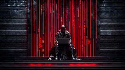 Cyberpunk Figure Working on Laptop in Dark Room, Red Neon Lights Illuminate Mysterious Setting.