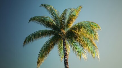 Vibrant palm tree under clear blue sky with sunlit fronds